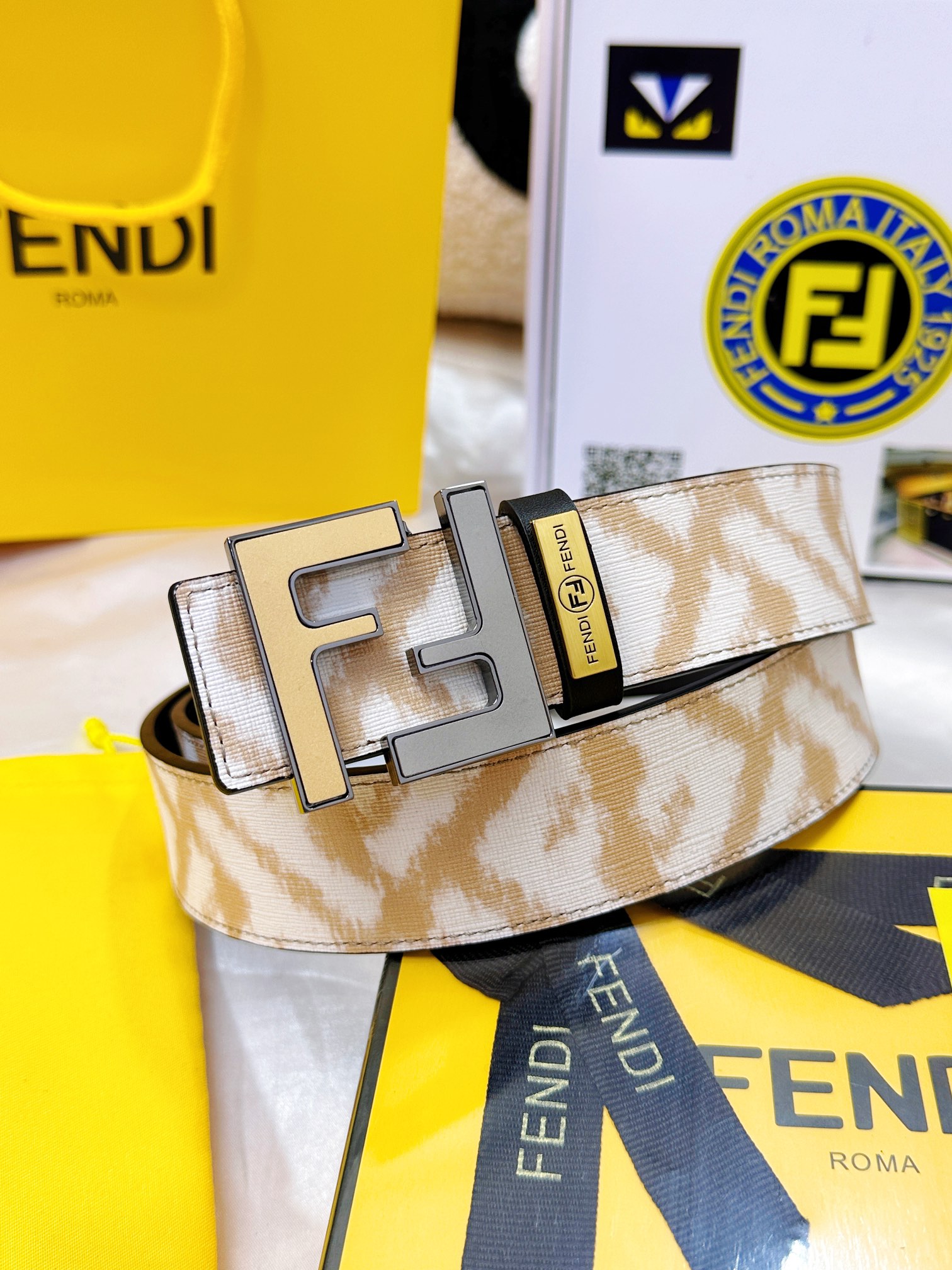 皮带 FENDI.芬迪..复刻. 腰带双层FF砂金双色工艺24K纯钢扣