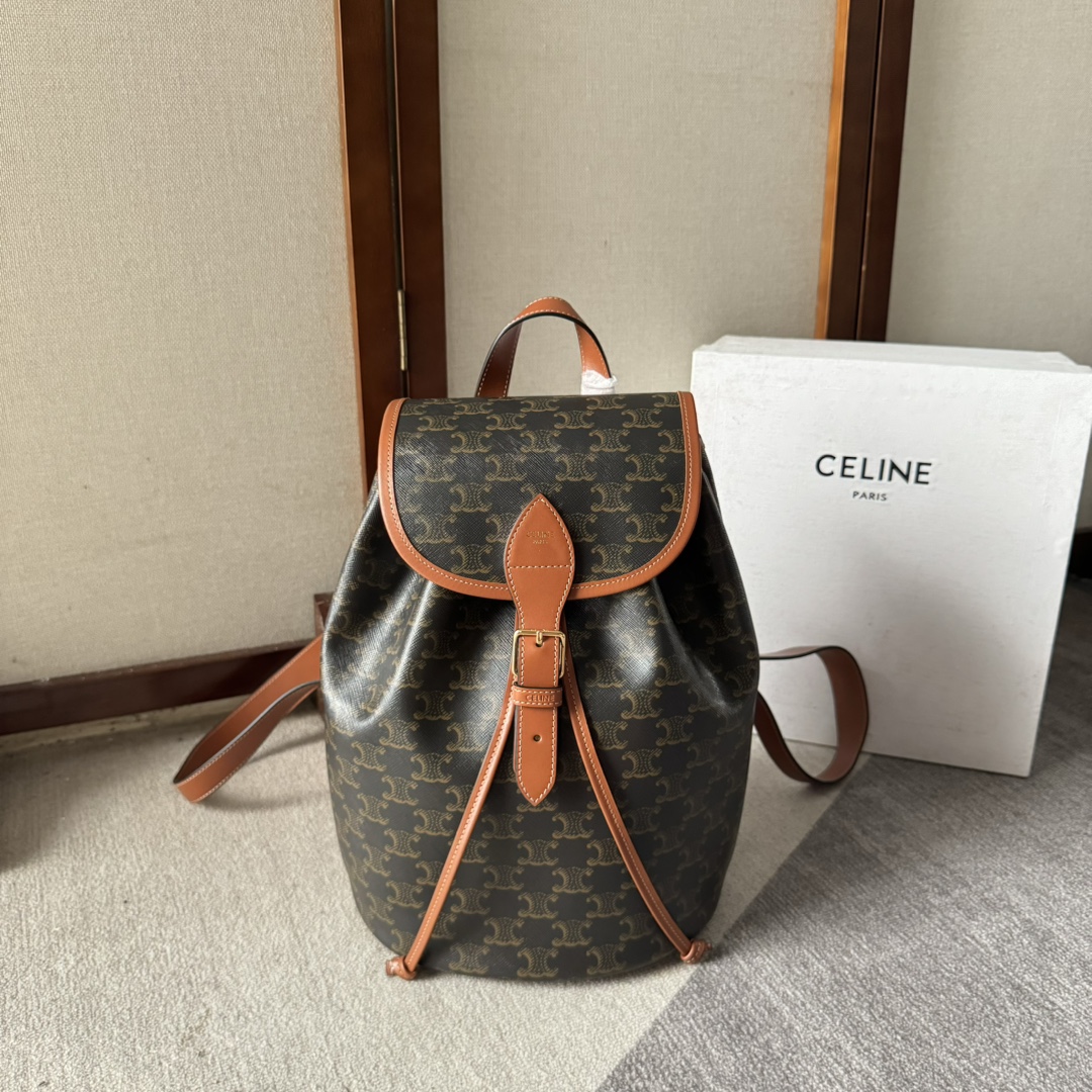 Celine Bags Backpack Gold Printing Canvas Cowhide Fabric Triomphe