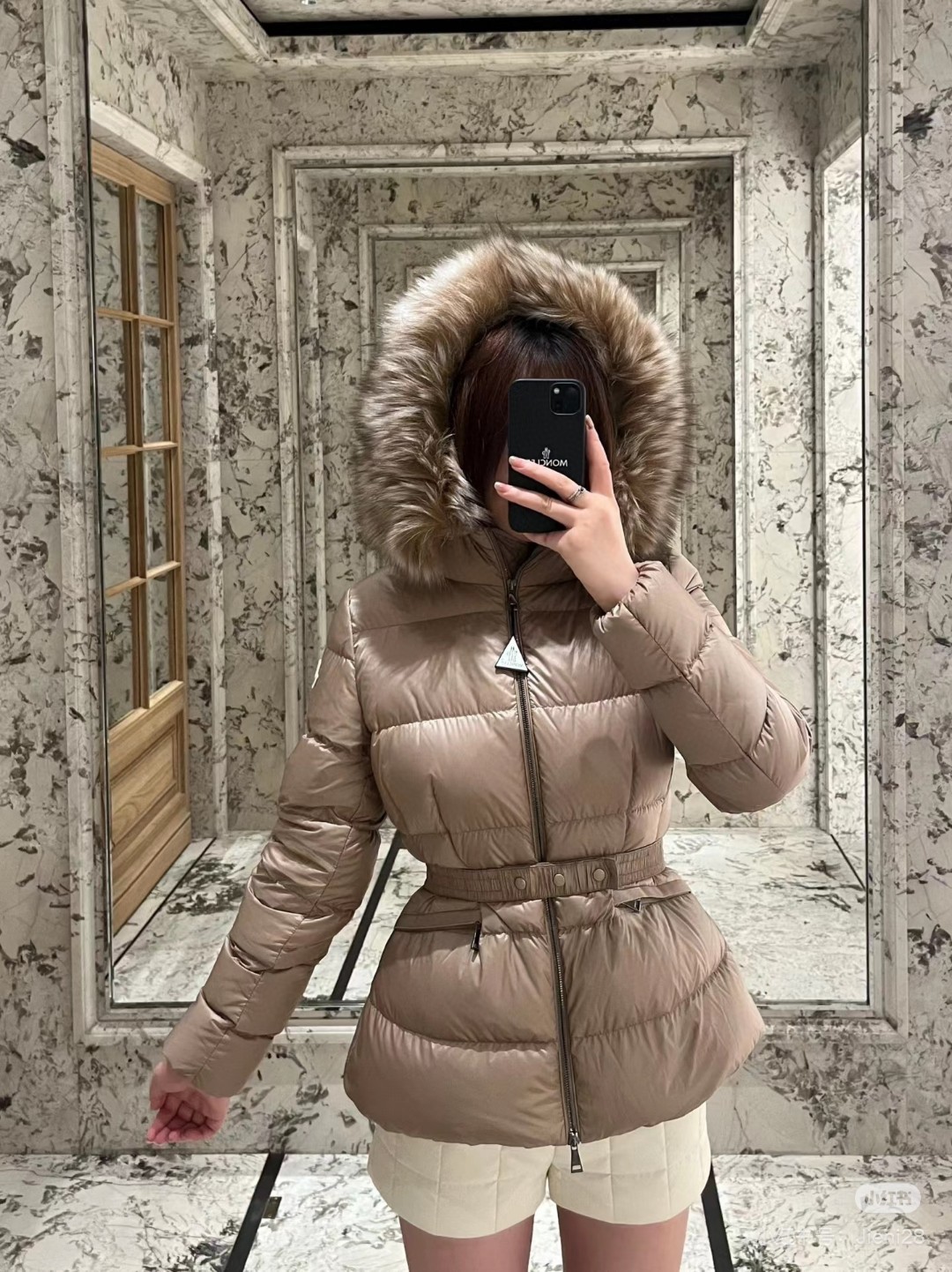 Moncler Boed women's short down jacket with fur trim. Soft silhouette, belt. Colors: black, white, green. Sizes 1-4.-Big cat