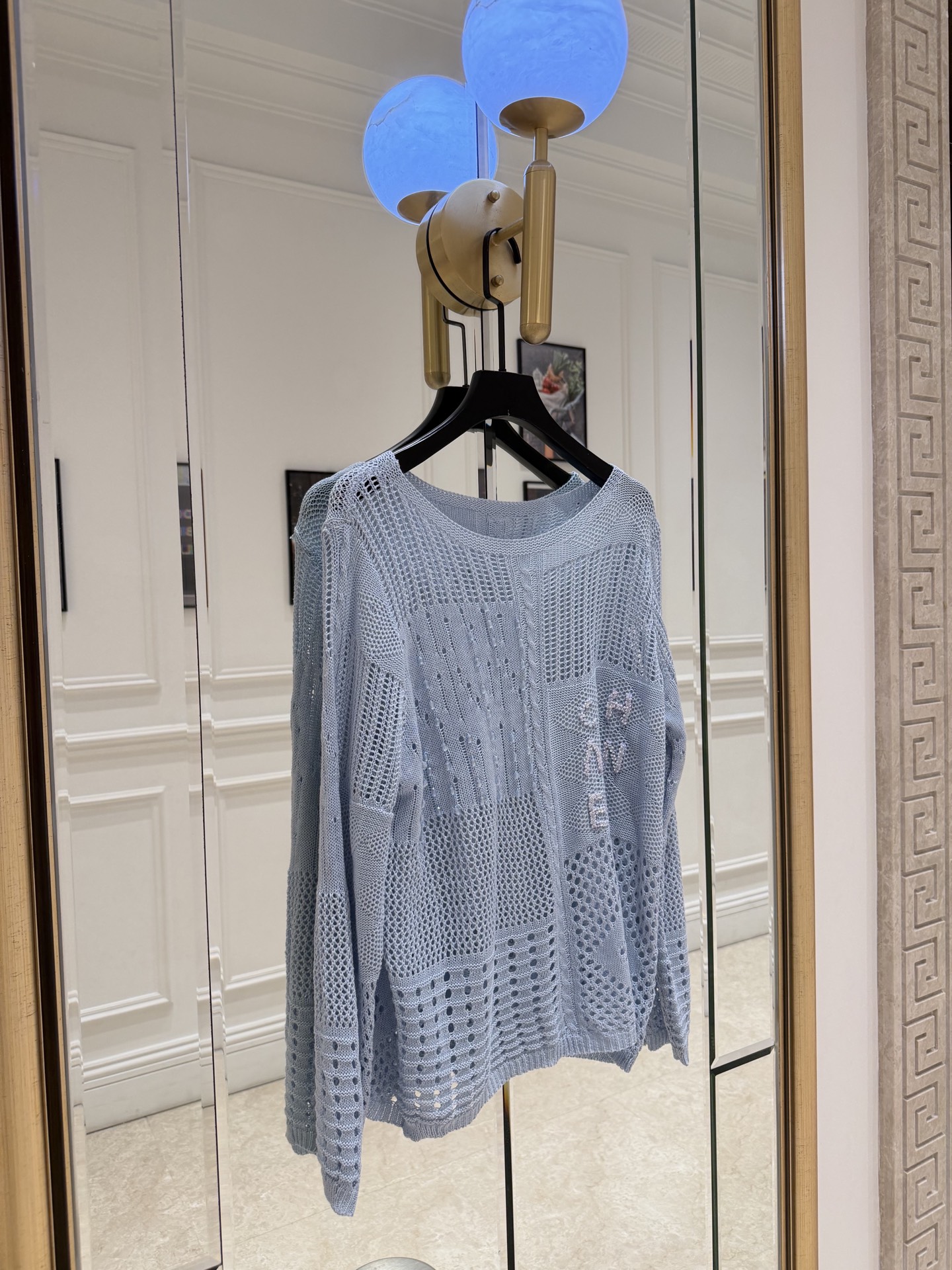 NO:901699,cha*This fog blue hollow sweater is light, breathable and super comfortable to wear in summer!  The three-dimensional pattern + 'CHANEL' letters on the chest are full of details. The loose version is highly tolerant and can be worn alone or as an outer layer. It can be easily used for commuting, dating, and vacation. Pair it with a skirt or jeans of the same color to create a gentle atmosphere. The hollow design is breathable and layered. It is a must-have and versatile item for the summer wardrobe!  F.,Chanel-clothing,chanel,chanel,skirts,jeans,19860909cha*这件雾蓝色镂空针织衫,轻薄透气,夏天穿超舒服！立体花纹+胸前“CHANEL”字母,细节感满满.宽松版型,包容性强,单穿or外搭都OK,通勤、约会、度假都能轻松驾驭.搭配同色半裙or牛仔裤,温柔氛围感直接拉满～镂空设计透气又有层次,是夏季衣橱必备百搭单品！ F.,香奈儿-服装,chanel,chanel,skirts,jeans,,Women's clothing