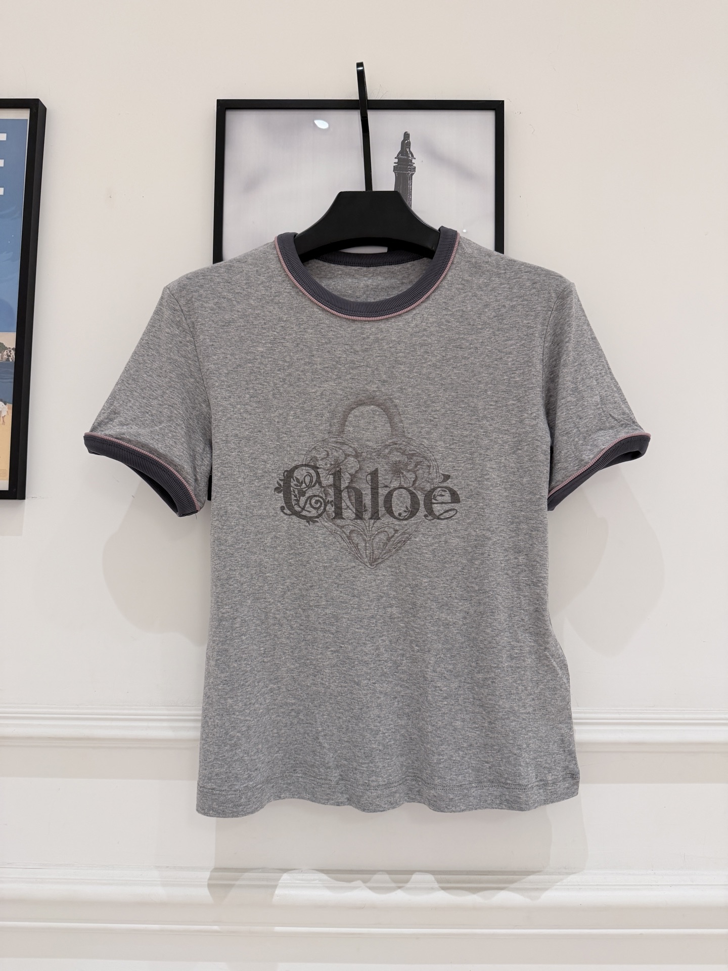 NO:889210,Chloé gray letter short-sleeved T-shirt. The Chloé gray letter short-sleeved T-shirt is made of soft cotton fabric, comfortable and breathable to wear. The brand letter + floral pattern on the chest is full of French elegance. The contrasting round neck design, dark gray + pink trim, exquisite details and full layering. The shoulder version modifies the shoulder line and is suitable for a variety of body types. It can be easily paired with jeans or skirts for daily commuting and leisure. It is simple and advanced, and you can easily get the French lazy style.  SML,women's clothing,chloe,skirts,jeans,T-shirt,tees,t-shirt,19860909Chloé灰色字母短袖T恤 Chloé灰色字母短袖T恤,柔软棉质面料,穿着舒适透气.胸前品牌字母+花卉图案,法式优雅感满满.撞色圆领设计,深灰+粉色边饰,细节精致,层次感十足.正肩版型,修饰肩部线条,适合多种身材.日常通勤、休闲都能轻松搭配牛仔裤或半裙,简约又高级,轻松get法式慵懒风. SML,女装,chloe,skirts,jeans,T-shirt,tees，t-shirt,,Women's clothing