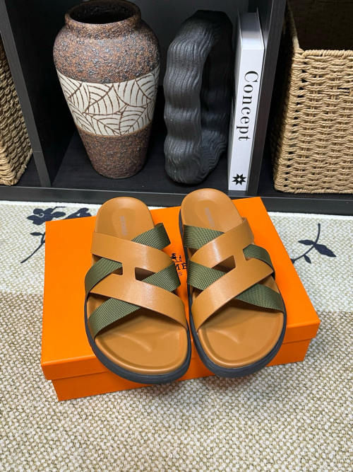 Hermes Men's Kazimir Leather and Woven Slide Sandals, Iconic H Design
