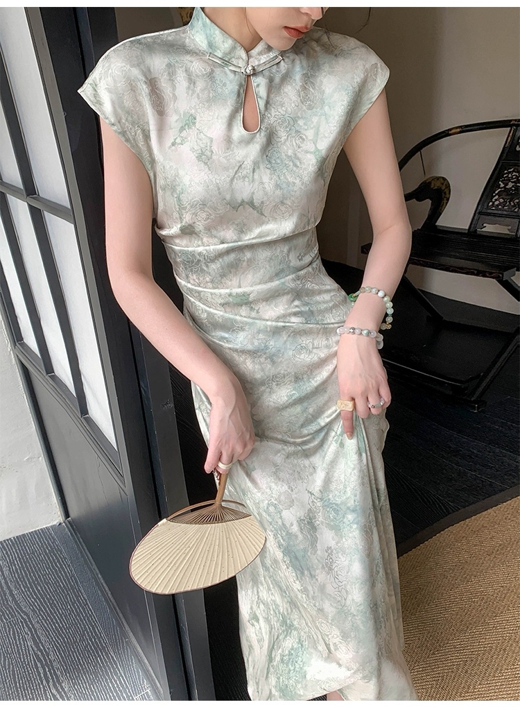 zzdqd✨✨爆款绿色短袖连衣裙女夏季气质新中式国风旗袍裙长裙子  ???? ???? ???? ???? ????