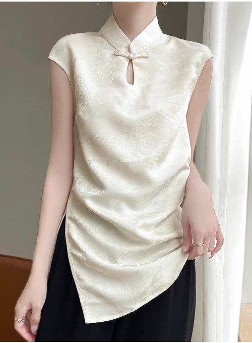 Elegant Sleeveless Jacquard Top with Mandarin Collar and Asymmetric Hem 1 Elegant Sleeveless Jacquard Top with Mandarin Collar and Asymmetric Hem