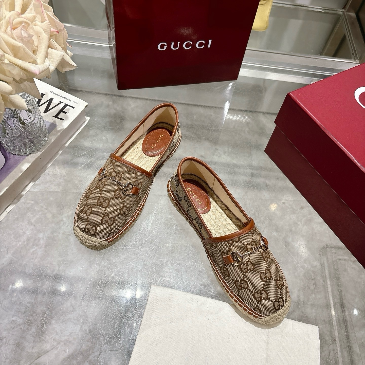 Gucci Beige & Brown Canvas Horsebit Espadrille Loafers, Size 35-41