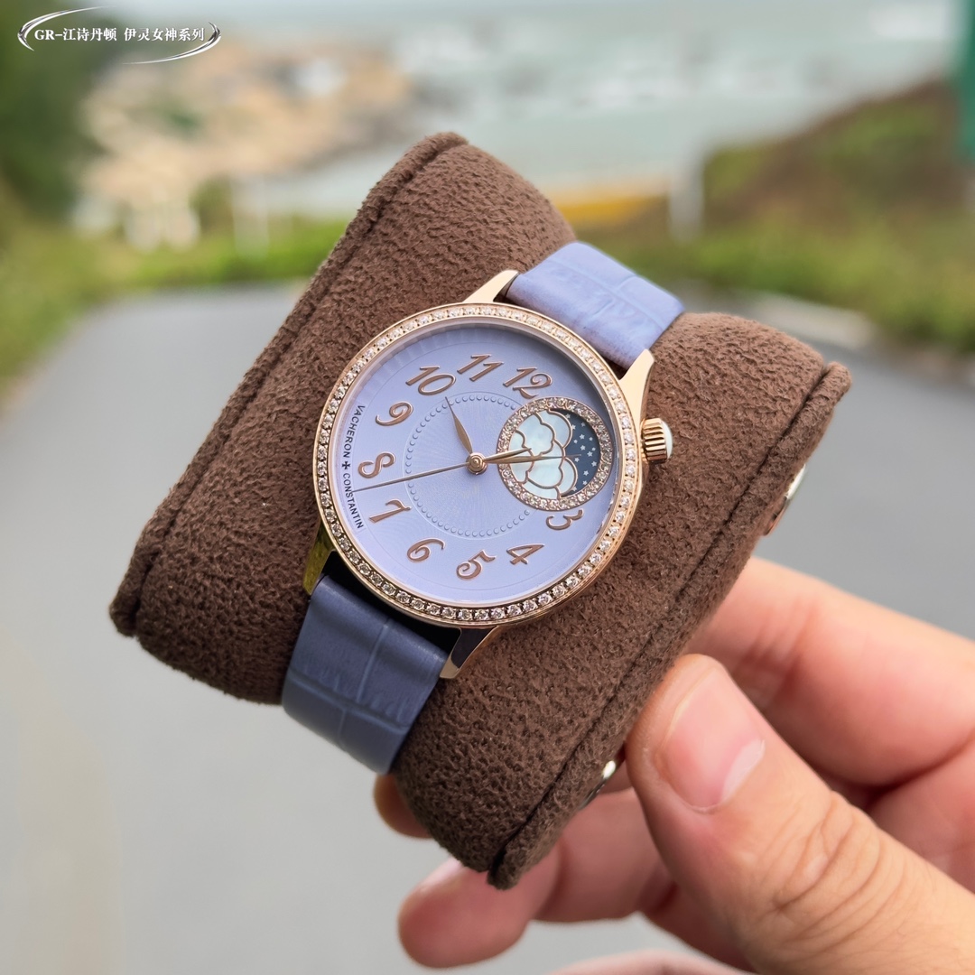 NO:741732,V3 upgraded version produced by GR VC Vacheron Constantin Egérie series adds new works!  Precipitating the elegance of time, flowing day and night. The ultra-thin mechanical women's watch continues the style of the series!  The new opalescent dial is decorated with dazzling diamonds, and the pleated decoration was made using the traditional 'taestry' process after months of debugging.  The crown is decorated with a curved-cut moonstone that symbolizes calmness and tranquility. The eccentric round dial with sparkling diamonds displays the time in a dreamlike way. The exquisite mother-of-pearl is carved into white clouds. The diameter is 37 mm. It is equipped with an imported 1088L self-winding movement to perfectly present the moon phase calendar function. It is elegant and luxurious, specially created for female connoisseurs.,vacheron19860909GR出品 V3升级版 VC 江诗丹顿 Egérie 伊灵女神系列 再添新作！沉淀时光雅韵,流转日夜芳华.超薄机械女式腕表延续系列风格！全新乳光表盘以璀璨美钻相饰,褶皱纹饰历经数月调试,运用传统的“织锦(taestry)”工艺制作而成, 表冠上饰有象征沉稳与静谧的弧形切割月光石,闪耀钻石的偏心式圆形表盘以梦幻般的方式展示时间,精美的珍珠贝母被雕琢成朵朵白云.直径37毫米,搭配进口改1088L自动上链机芯,完美呈现月相日历功能,典雅奢华专为女性鉴赏家倾心打造,,vacheron,Watch