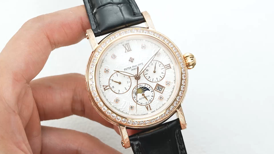 Patek Philippe Complications Rose Gold Diamond Bezel Black Leather Watch