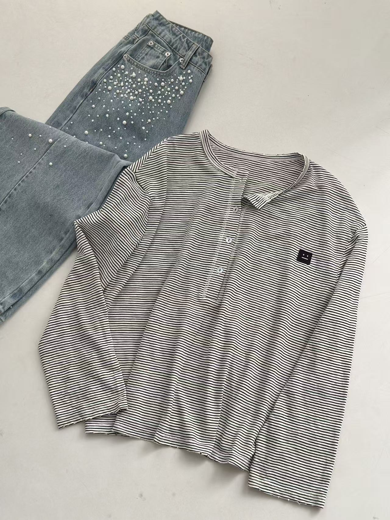 Acnestudios 25早秋新款 笑脸贴标纯棉长袖条纹体桖 纯棉材质 透气舒适 贴服材质 透气不闷汗