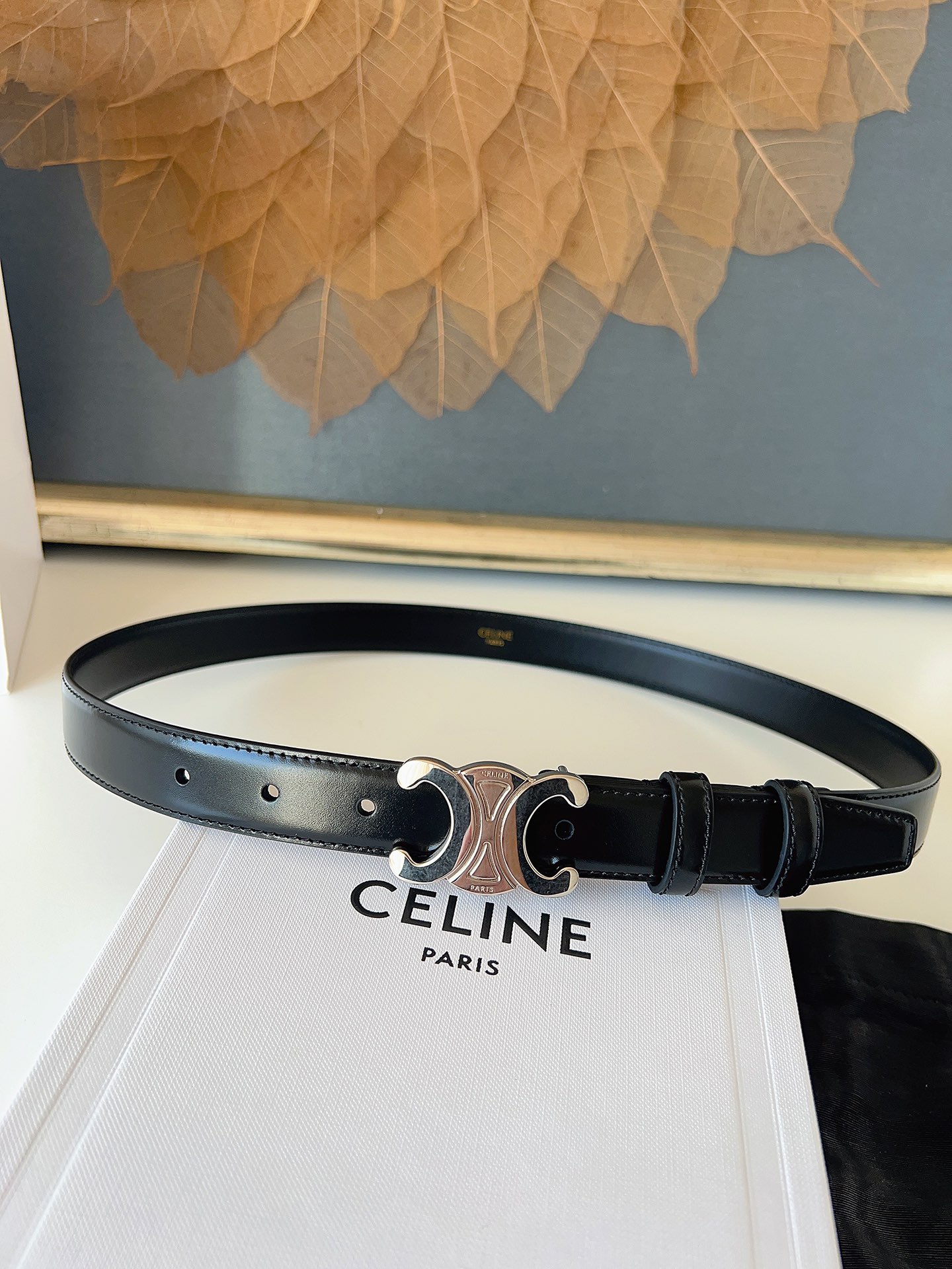 赛琳Céline 凯旋门TRIOMPHE
TAURILLON皮革 牛剖层革衬里 ，中腰 金色饰面
宽度：1英寸（2.5cm）腰带
不可拆卸TRIOMPHE 搭扣  P160