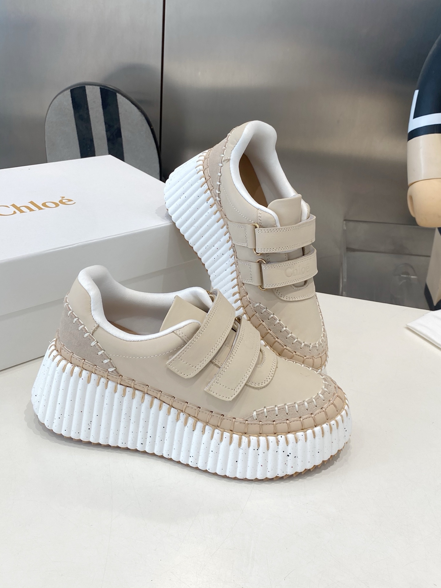Chloé Nama LeatheCr Velcro Strap Platform Sneakers