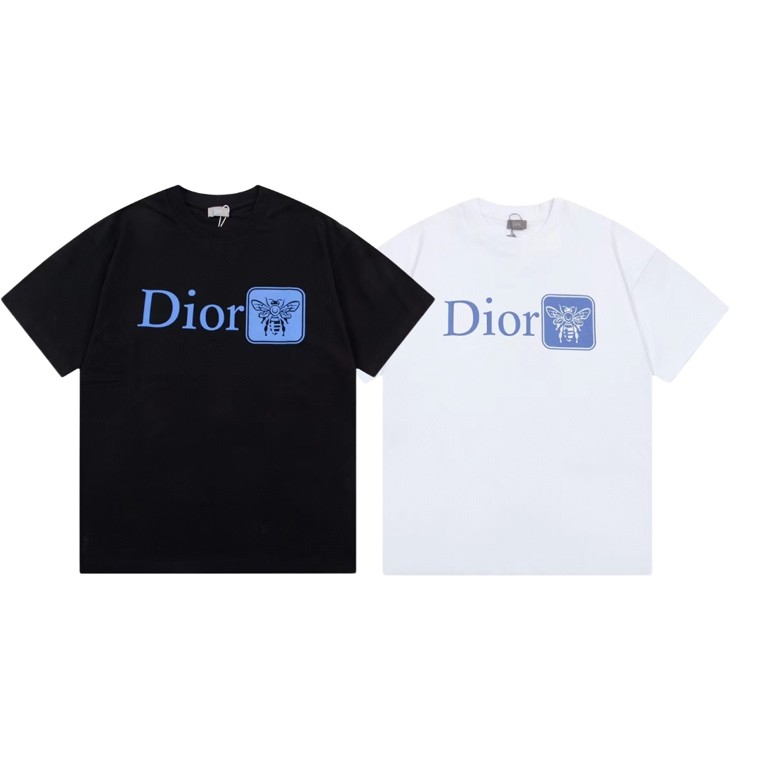 Dior T-shirt met Ronde Hals en Bij-Print, Unisex, Katoen, Zwart/Wit