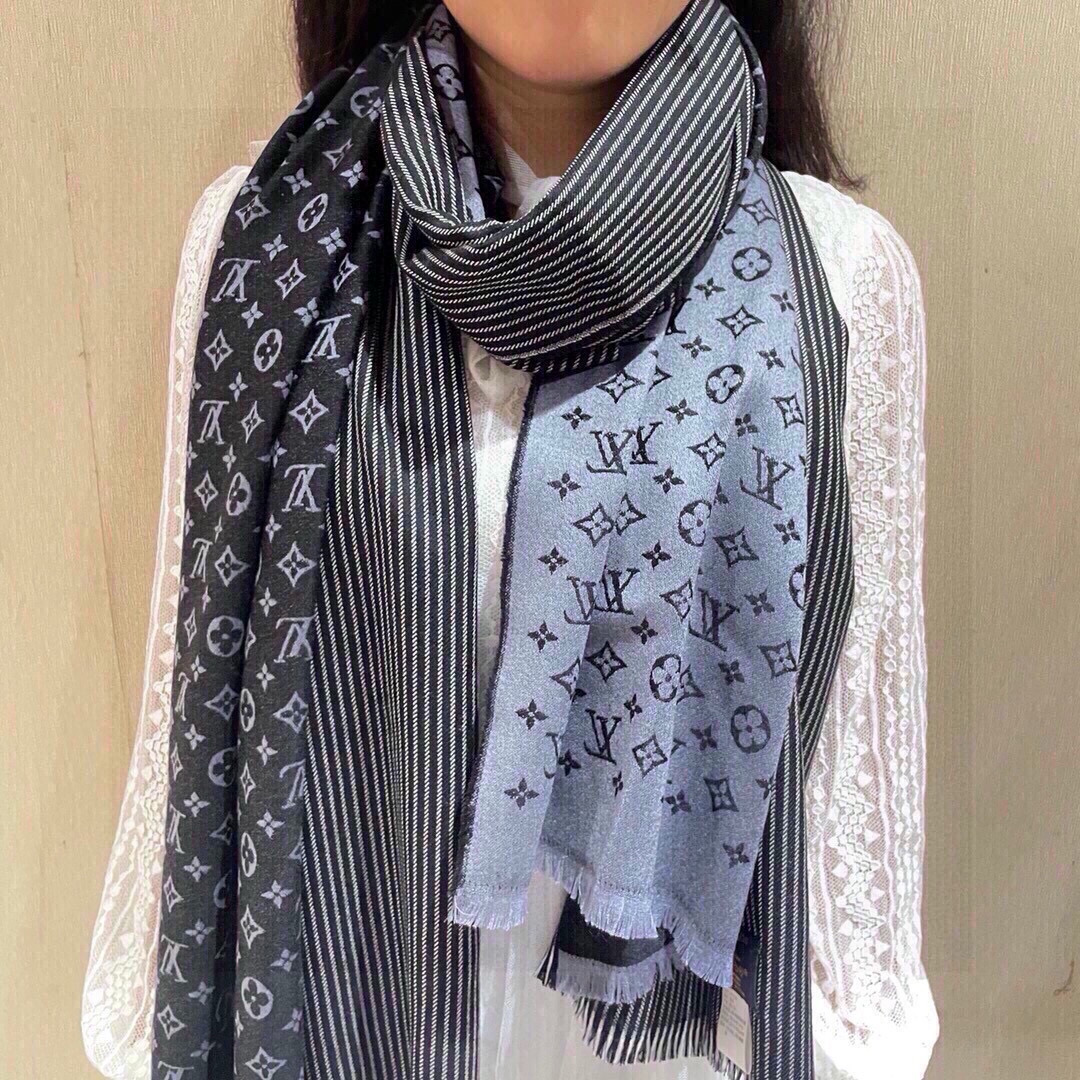 Louis Vuitton Reversible Wool & Silk Shawl,Gray & Black,70*200cm,Luxury Scarf