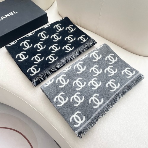 Chanel Cashmere Scarf: Classic Black & Gray with Iconic CC Logo, 35*180cm 1 Chanel Cashmere Scarf: Classic Black & Gray with Iconic CC Logo, 35*180cm