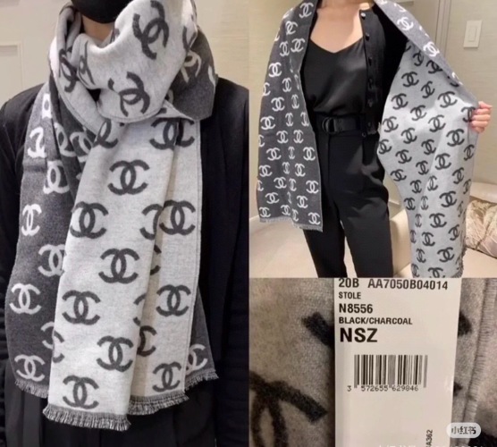 Chanel Black/Charcoal Cashmere Scarf, 35 x 180 cm, Classic CC Logo, Soft and Warm 1 Chanel Black/Charcoal Cashmere Scarf, 35 x 180 cm, Classic CC Logo, Soft and Warm
