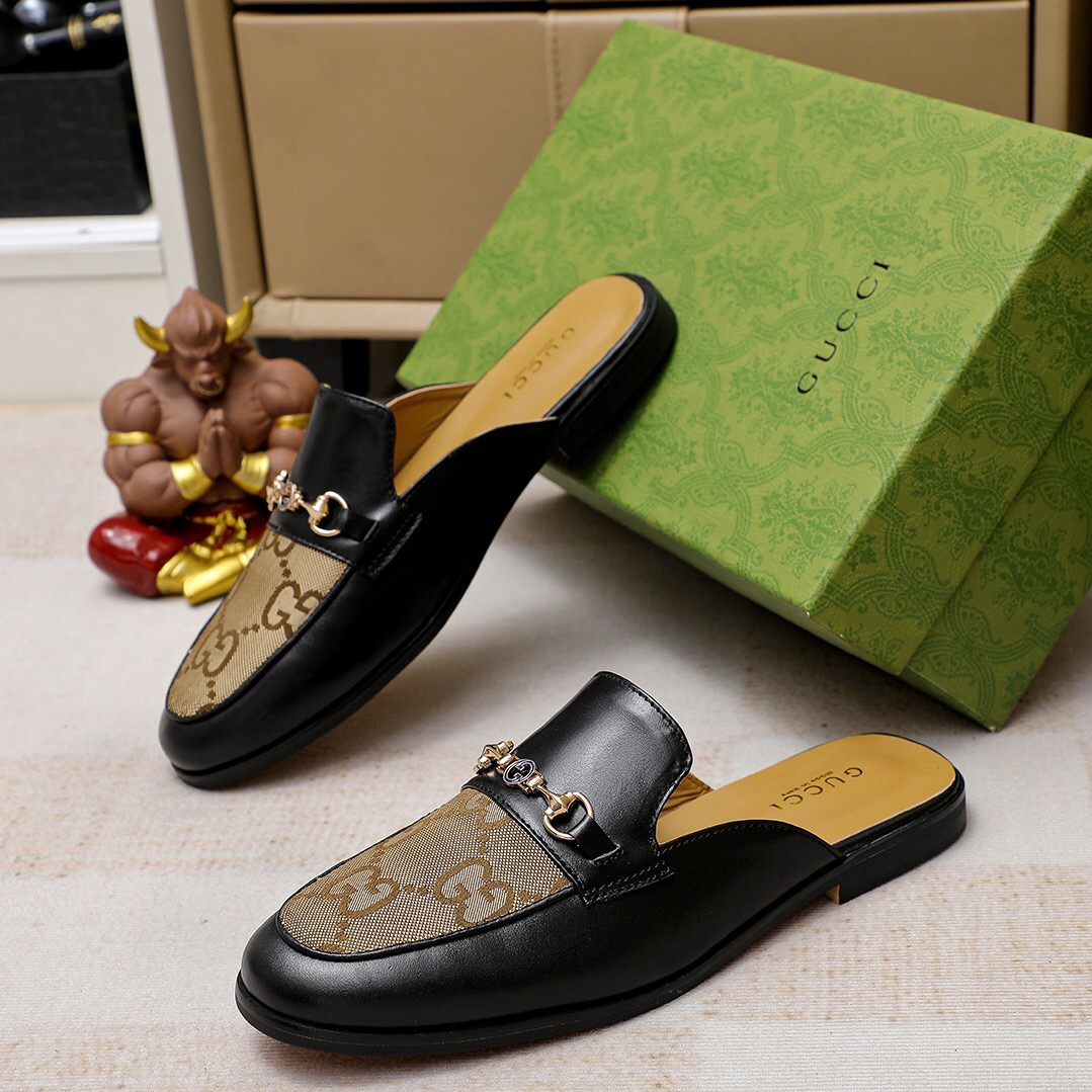 Gucci Men's Leather and GG Canvas Mules with Horsebit Detail, Black/Beige 5 a1714966597889 5135