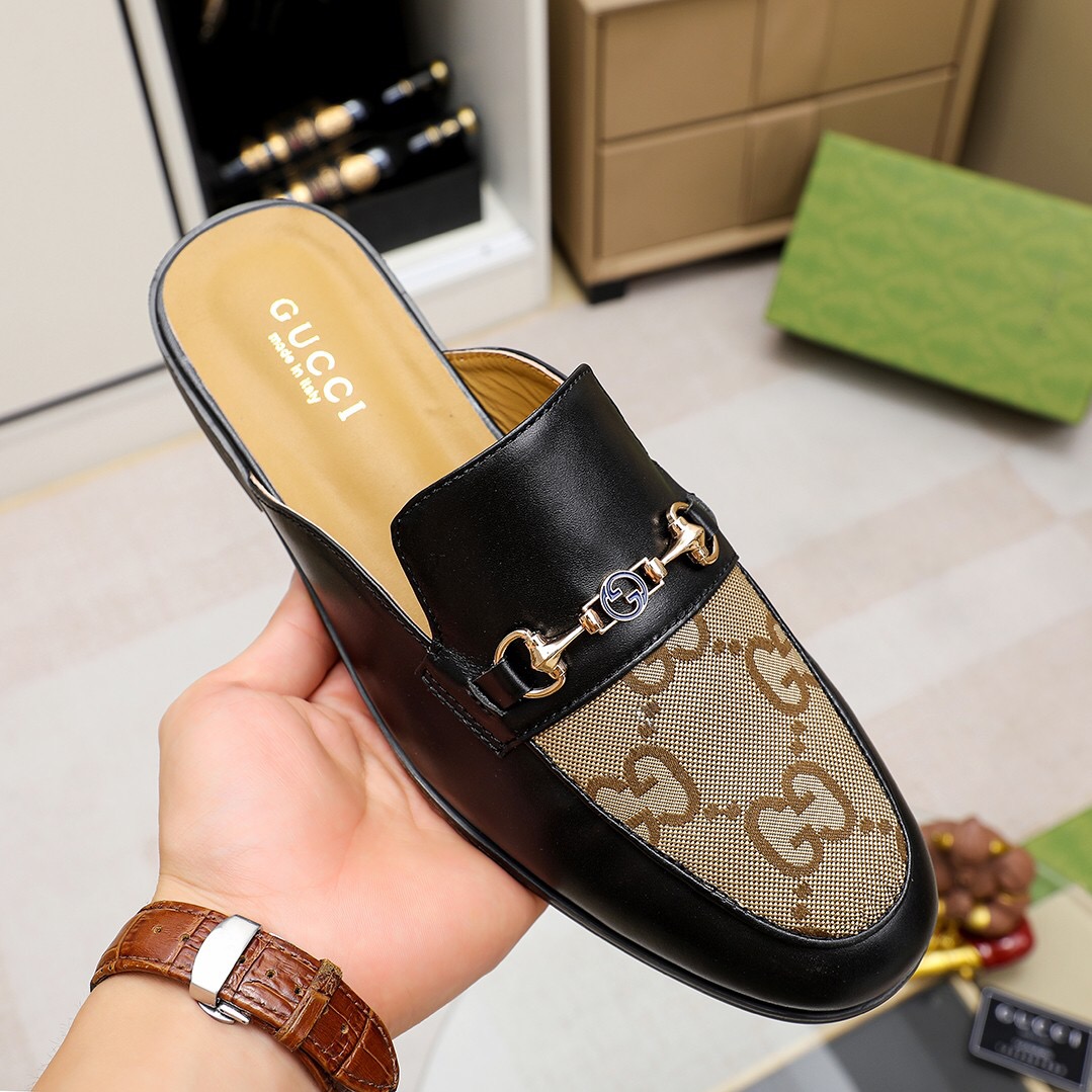 Gucci Men's Leather and GG Canvas Mules with Horsebit Detail, Black/Beige 4 a1714966597892 7464