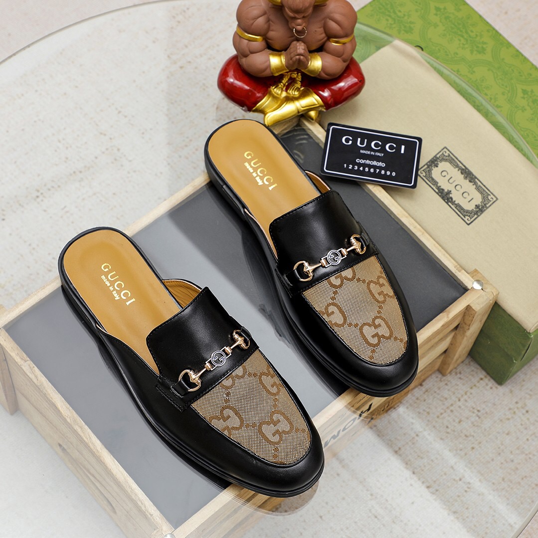 Gucci Men's Leather and GG Canvas Mules with Horsebit Detail, Black/Beige 2 a1714966597895 1568