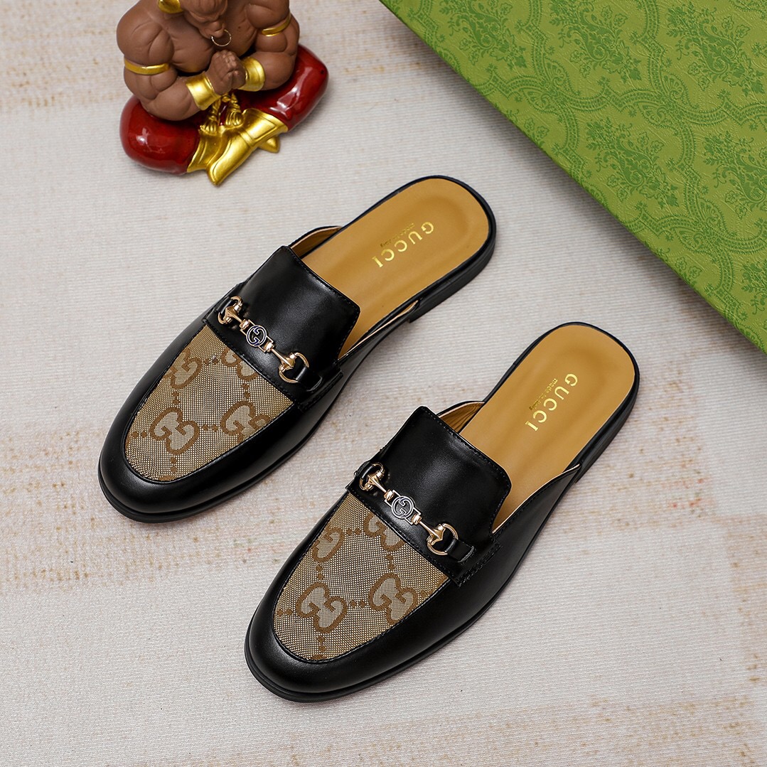 Gucci Men's Leather and GG Canvas Mules with Horsebit Detail, Black/Beige 6 a1714966597897 4634