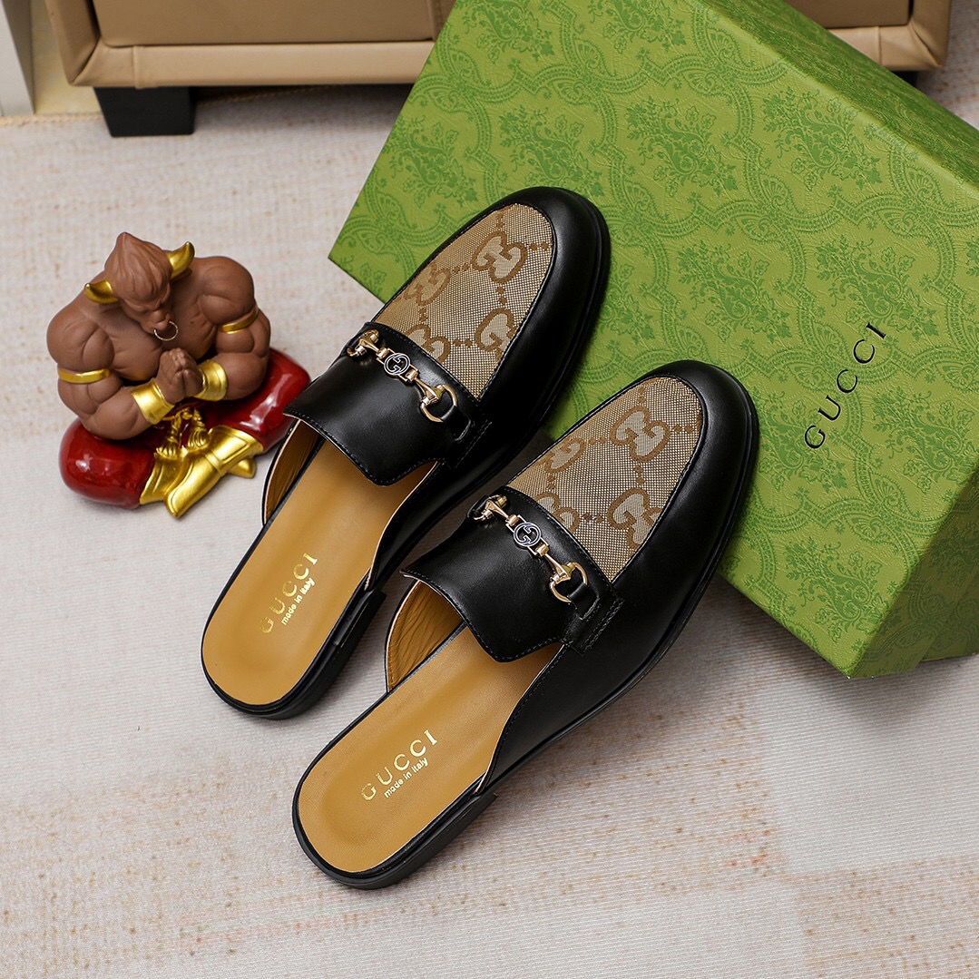 Gucci Men's Leather and GG Canvas Mules with Horsebit Detail, Black/Beige 9 a1714966598977 7034