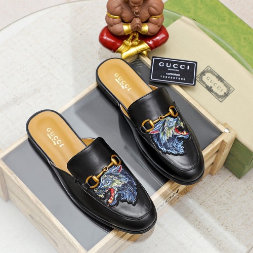 Gucci Men's Leather Mules with Wolf Embroidery - Italian Craftsmanship 1 Gucci Men's Leather Mules with Wolf Embroidery - Italian Craftsmanship