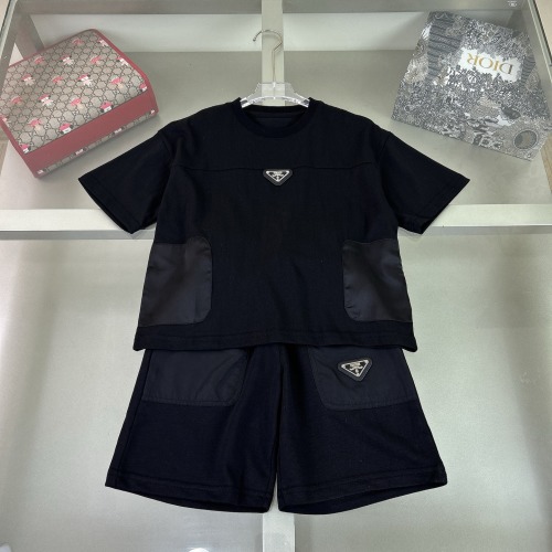 Prada Women's Black Cotton Blend Logo Patch Short Sleeve Set