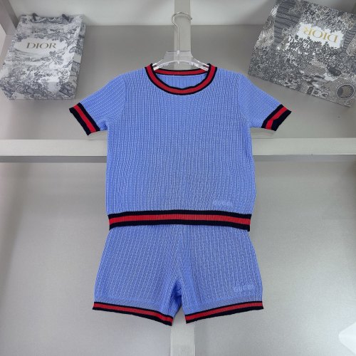Girl's Blue Knit Set with Red Trim, Short Sleeve Top and Shorts Outfit 1 Girl's Blue Knit Set with Red Trim, Short Sleeve Top and Shorts Outfit
