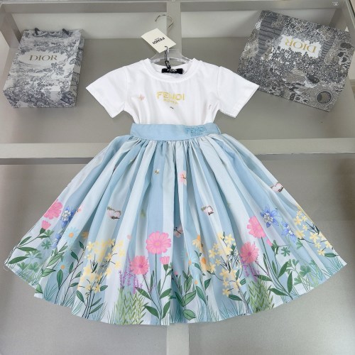 Fendi Kids Girls' Floral Print Cotton Blend Skirt Set, Striped Blue 1 Fendi Kids Girls' Floral Print Cotton Blend Skirt Set, Striped Blue