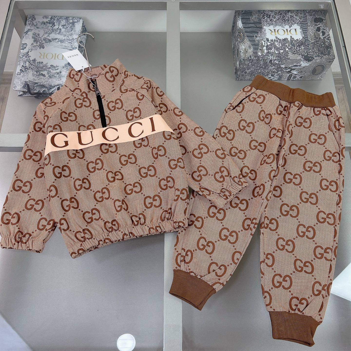 Gucci Kids' Beige All-Over Logo Print Tracksuit, Sizes 100-160 cm