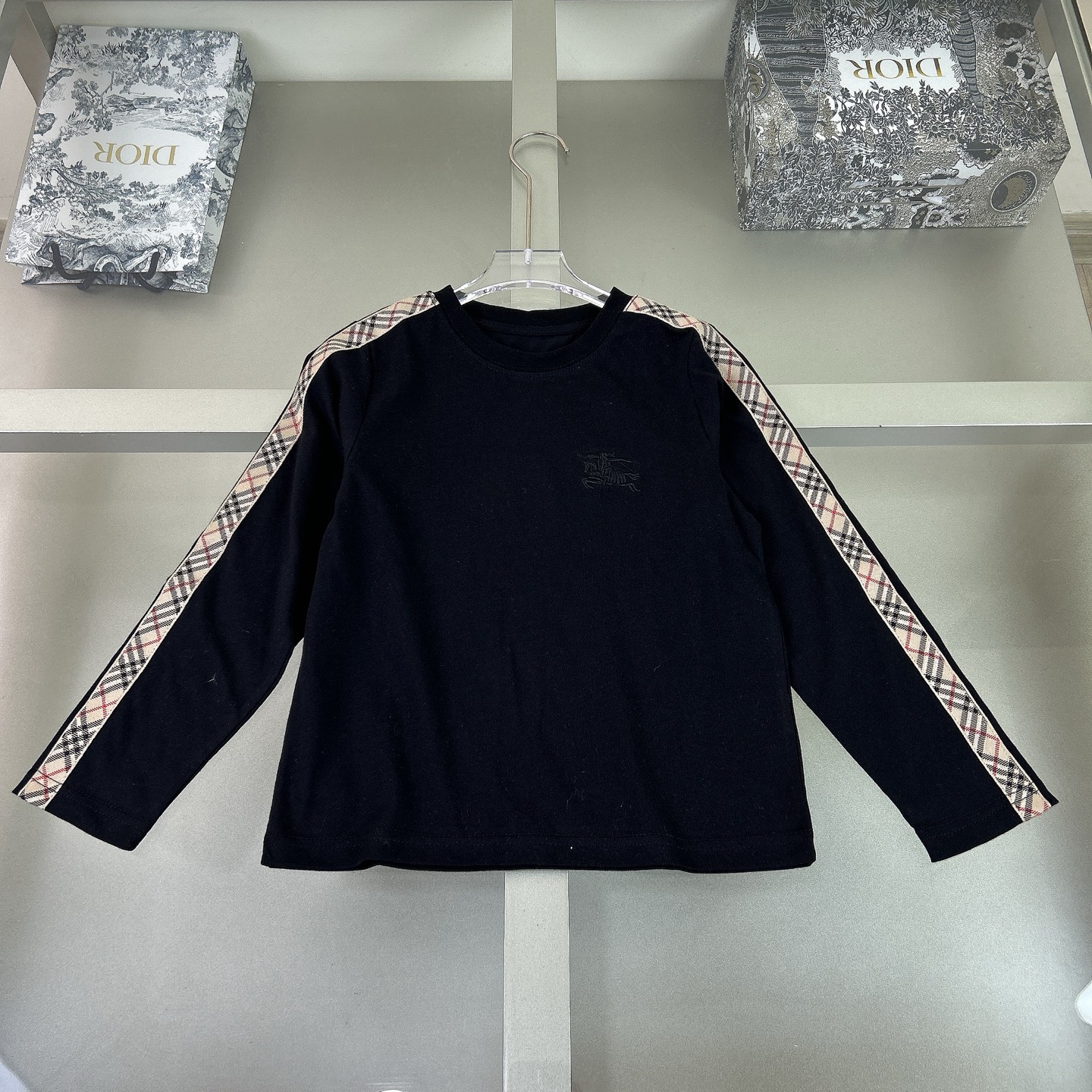 Burberry Kids' Black Long Sleeve T-Shirt with Checkered Stripe Detail