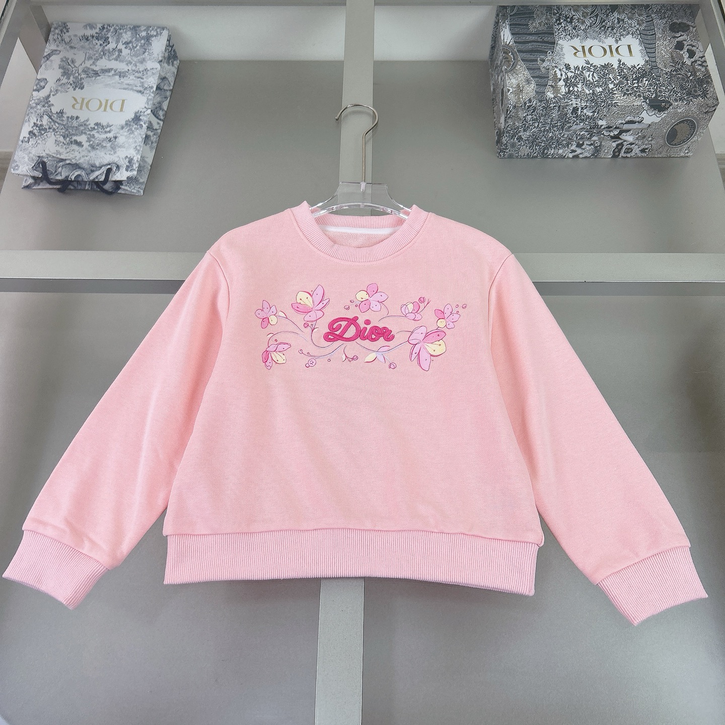 Dior Kids' Pink Embroidered Cotton Sweatshirt with Floral Accents