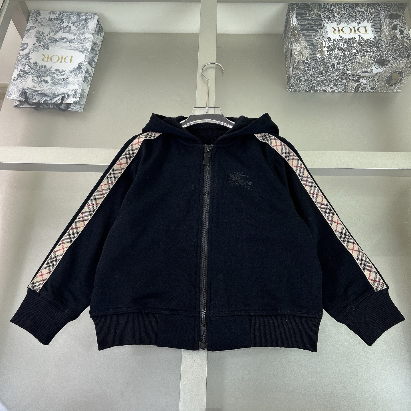 Burberry Kids Black Cotton Zip-Up Hoodie with Checkered Stripe Detail