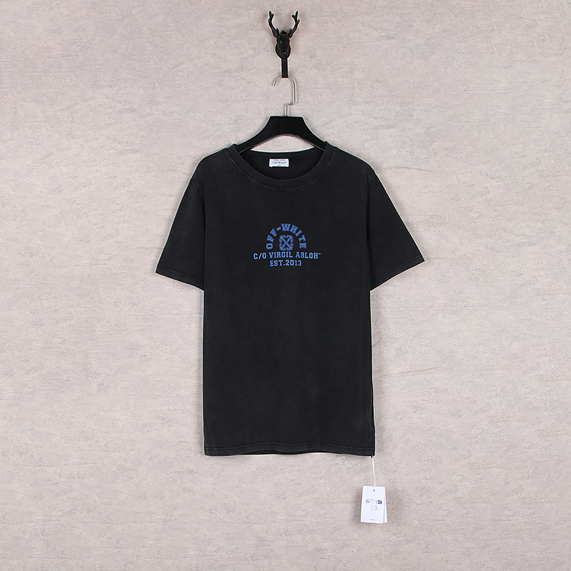 Off-White Black T-Shirt: Classic Street-Style Treasure with Blue Letter-Print Designs.