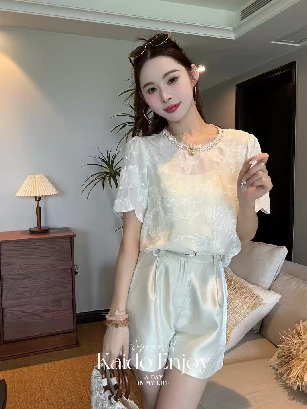 Elegant Silk Round Neck Beaded Short Sleeve Top - Summer 2025 Collection 5 a1747107813365 0733