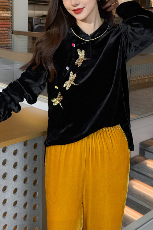 Elegant Silk Velvet Top with Dragonfly Embroidery - Autumn 2025 Collection 1 Elegant Silk Velvet Top with Dragonfly Embroidery - Autumn 2025 Collection