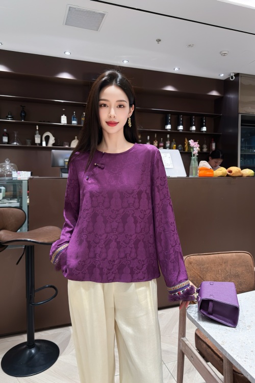 Jacquard Long Sleeve Top with Mandarin Collar and Mink Cuffs in Purple 6 Jacquard Long Sleeve Top with Mandarin Collar and Mink Cuffs in Purple