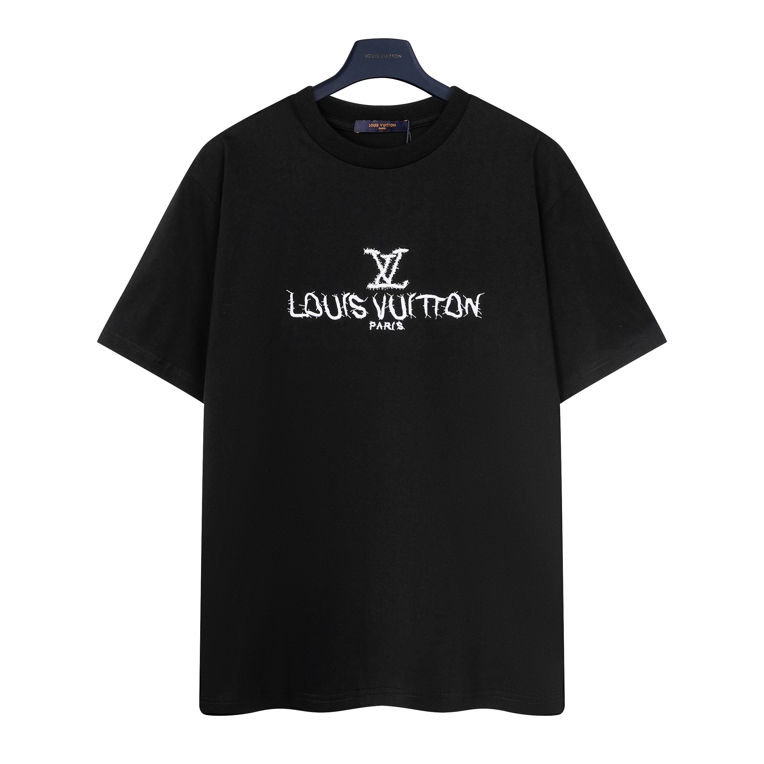 Louis Vuitton Men's Black Cotton T-Shirt with Embroidered Floral Logo