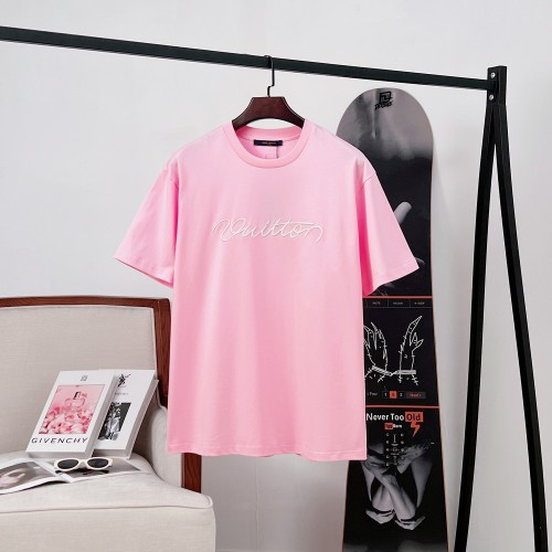 Louis Vuitton Men's Pink Signature Embroidered Short Sleeve T-Shirt 1 Louis Vuitton Men's Pink Signature Embroidered Short Sleeve T-Shirt