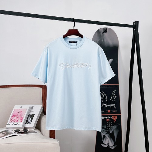 Louis Vuitton Men's Light Blue Embroidered Logo Short Sleeve T-Shirt 1 Louis Vuitton Men's Light Blue Embroidered Logo Short Sleeve T-Shirt