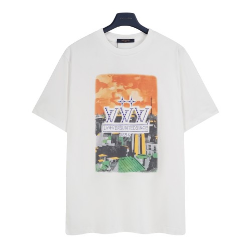 Louis Vuitton White City Sunset Rhinestone Printed Short Sleeve T-Shirt 1 Louis Vuitton White City Sunset Rhinestone Printed Short Sleeve T-Shirt