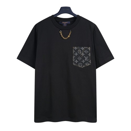 Louis Vuitton Women's Black Cotton T-Shirt with Chain and Pocket Detail 1 Louis Vuitton Women's Black Cotton T-Shirt with Chain and Pocket Detail