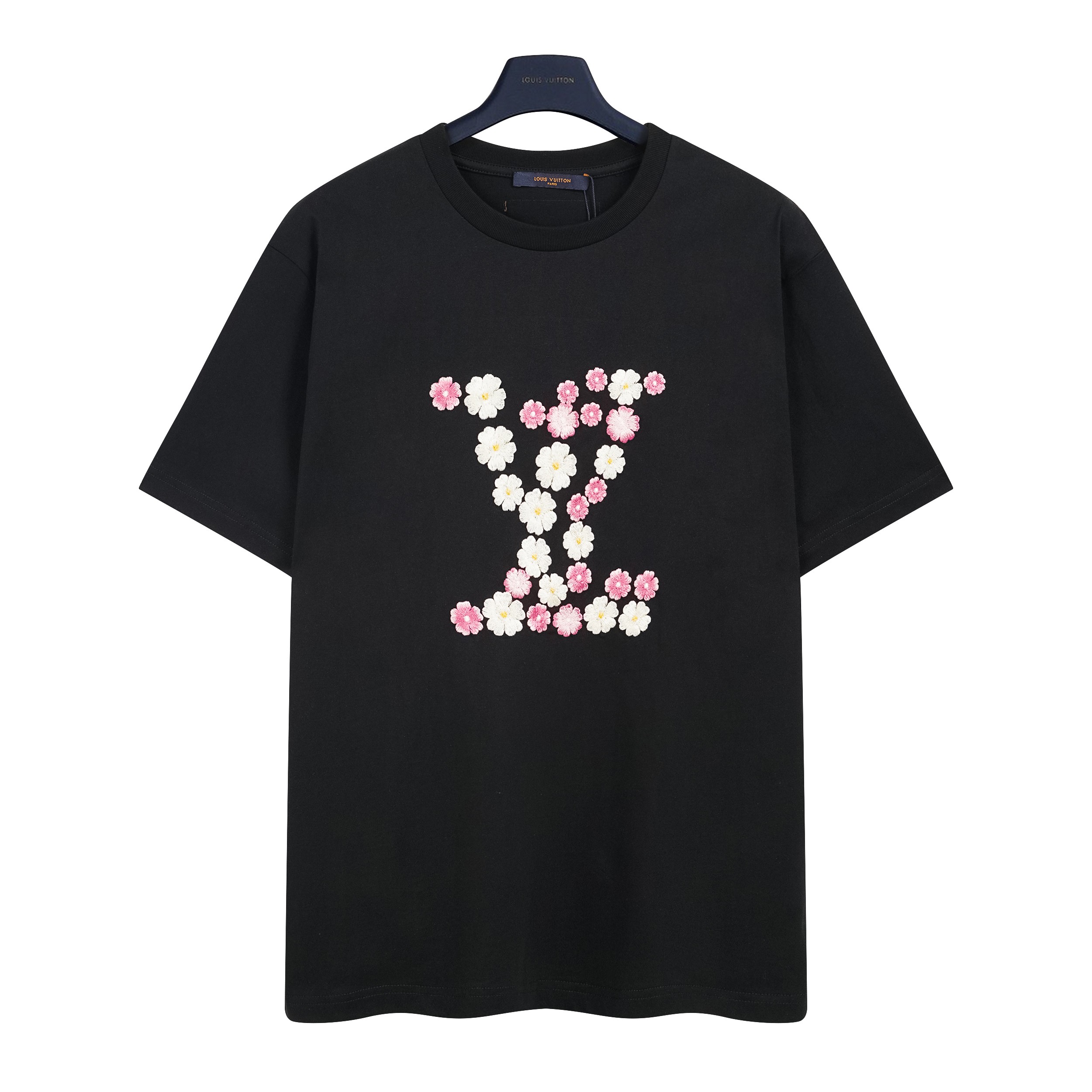 Louis Vuitton Black Cotton T-Shirt with Cherry Blossom Embroidery - Unisex
