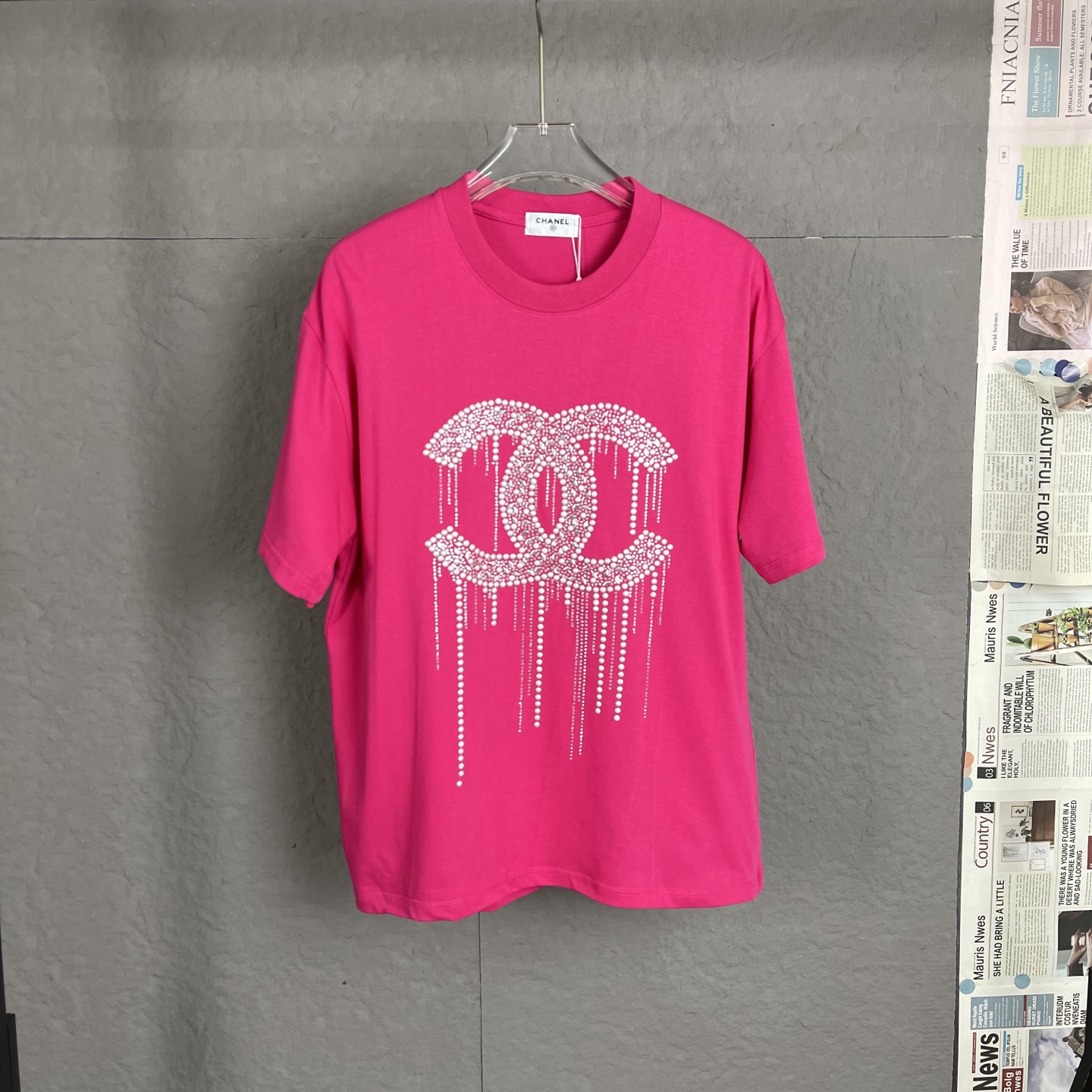 /C10 Chanel 25ss camiseta de manga corta con letras y strass, 300 gramos, estilo lujoso, imprescindible para uso diario…