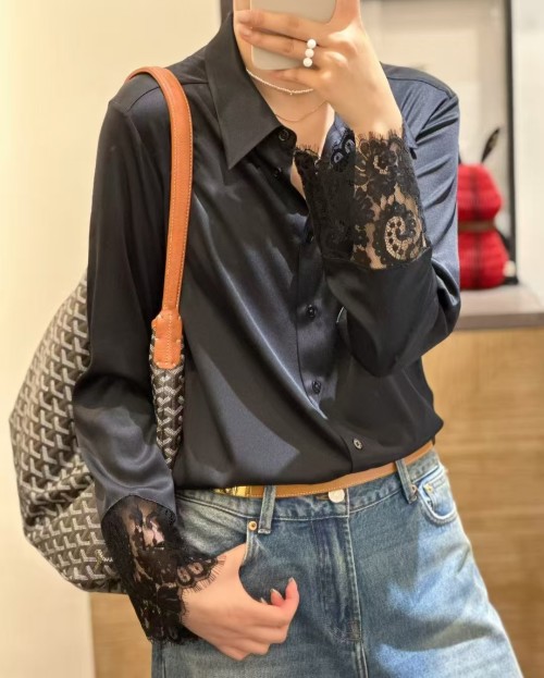 Elegant Silk Blouse with Lace Trim Long Sleeves - Versatile Women's Shirt 1 Elegant Silk Blouse with Lace Trim Long Sleeves - Versatile Women's Shirt