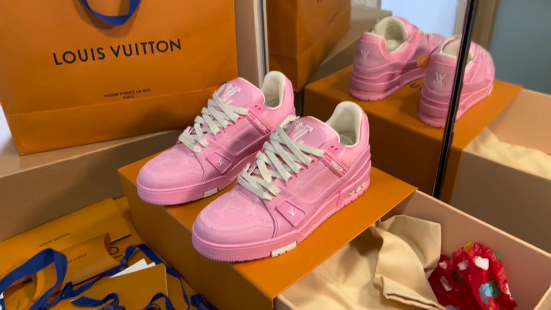 Louis Vuitton Pink Leather Low Top LV Trainer Sneakers, Size 35-45
