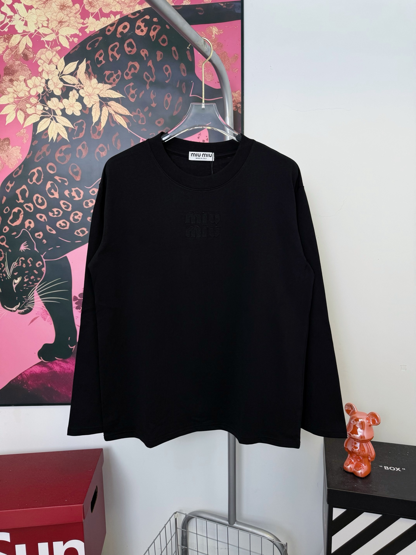 Miu Miu Embroidered Logo Long Sleeve Cotton T-Shirt - Unisex, Casual Fit