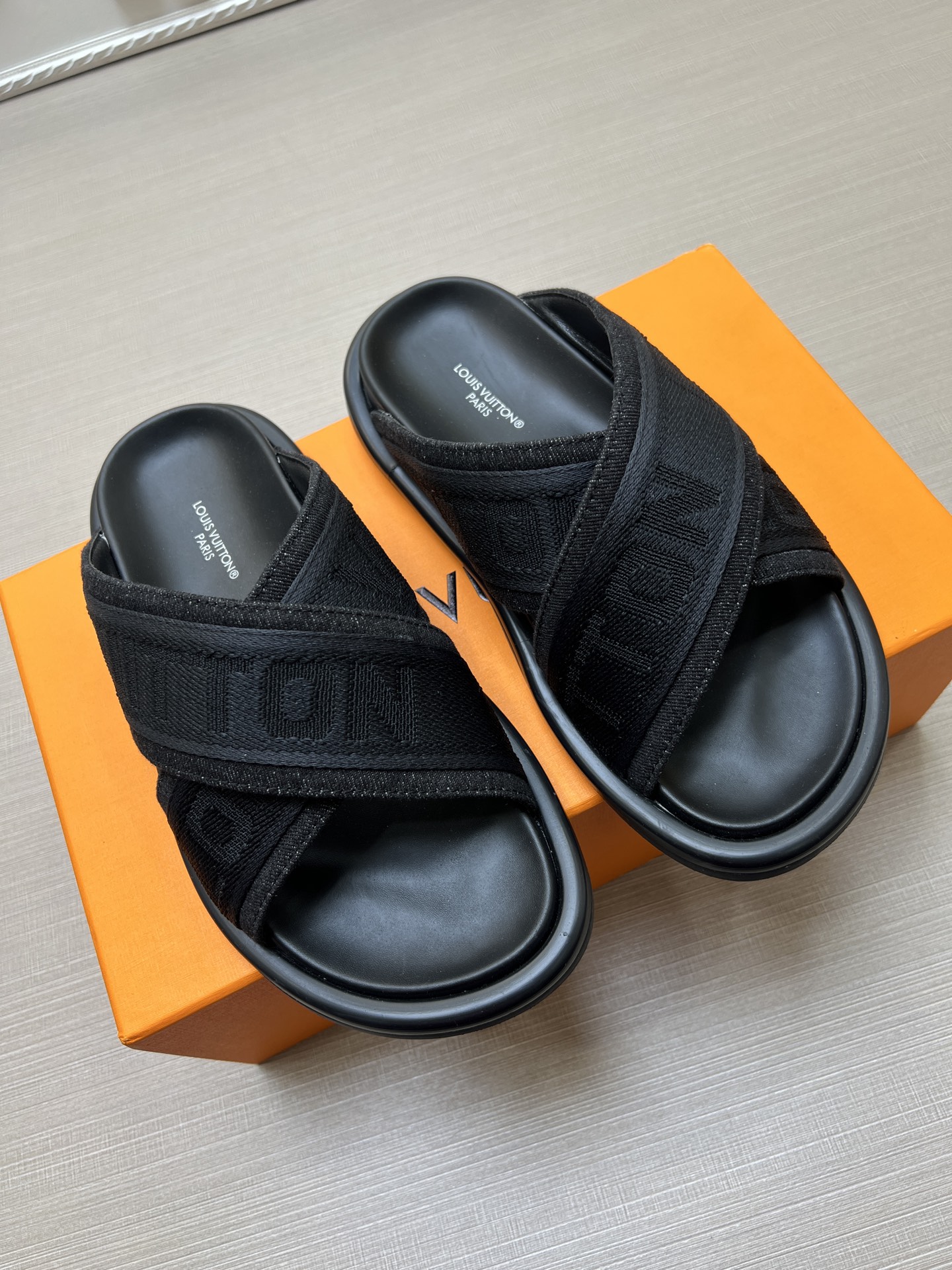 Louis Vuitton Men's Black LV Monogrammed Cross Strap Comfort Slide Sandal 4 i1740588589722 2768 0 2