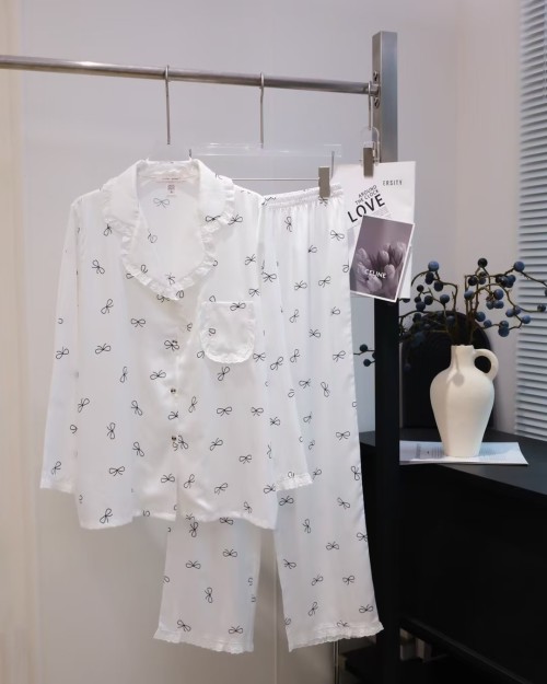 Chanel Silk Pajama Set with Bow Print - Elegant Loungewear for Women 1 Chanel Silk Pajama Set with Bow Print - Elegant Loungewear for Women