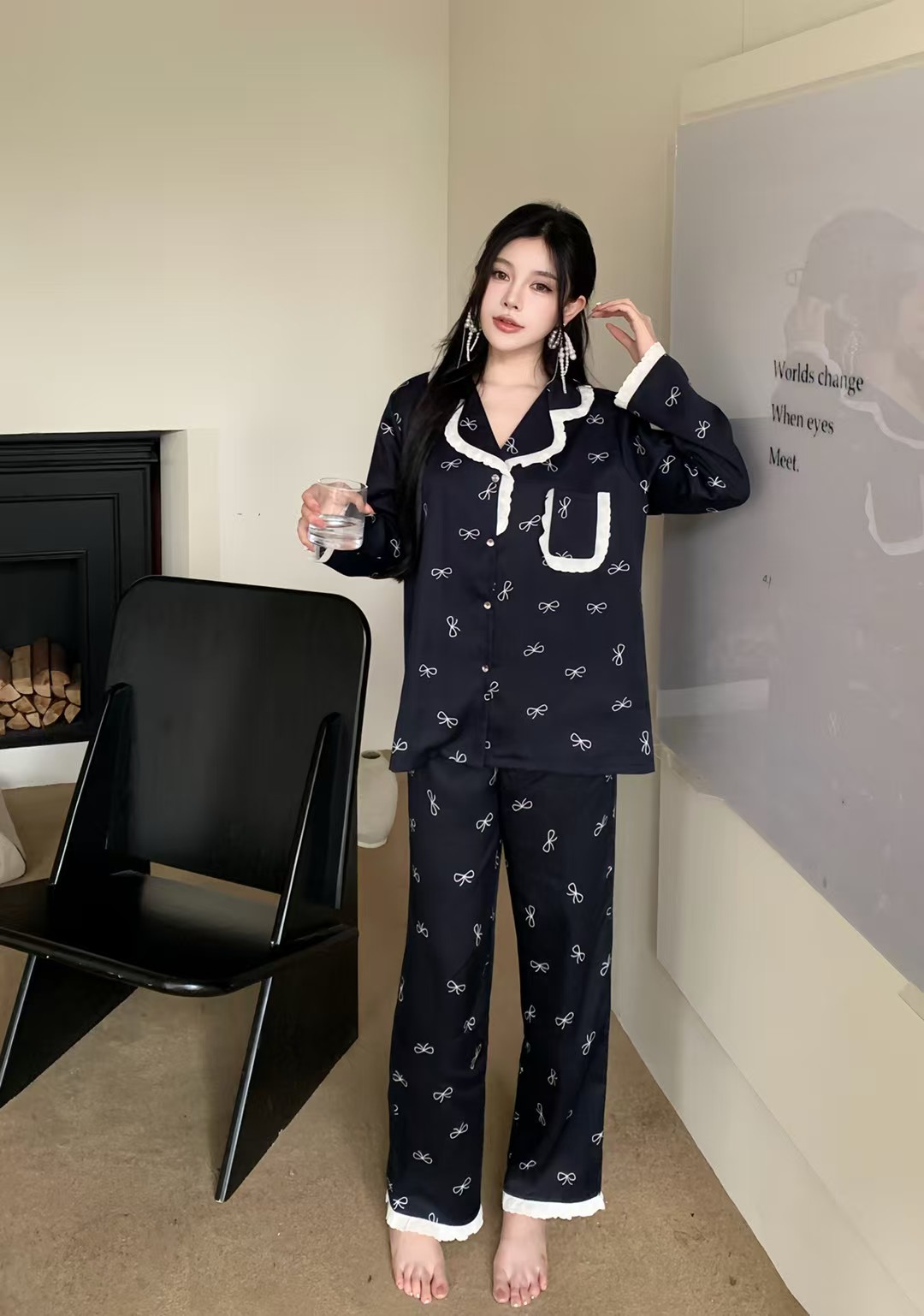 Chanel Inspired Silk Satin Pajama Set with Bows - Elegant Loungewear