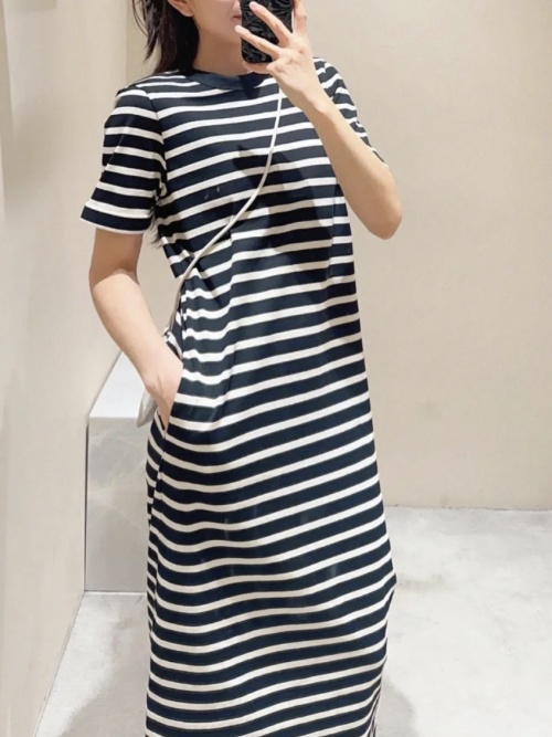 Striped Cotton Blend Midi Dress with Round Neck and Side Pockets - Casual Style 1 Striped Cotton Blend Midi Dress with Round Neck and Side Pockets - Casual Style