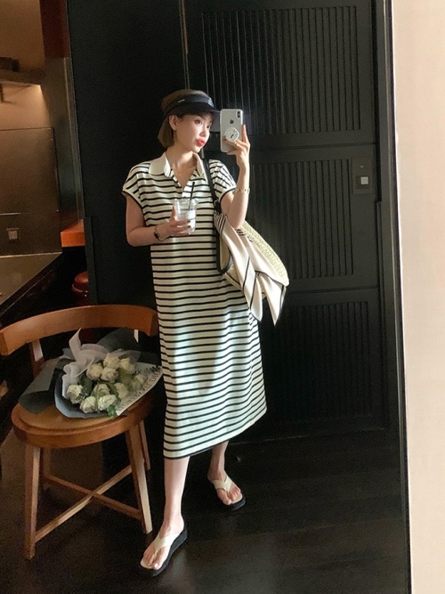 Striped Midi Polo Dress, Straight Cocoon Silhouette, Short Sleeve, Casual 1 Striped Midi Polo Dress, Straight Cocoon Silhouette, Short Sleeve, Casual